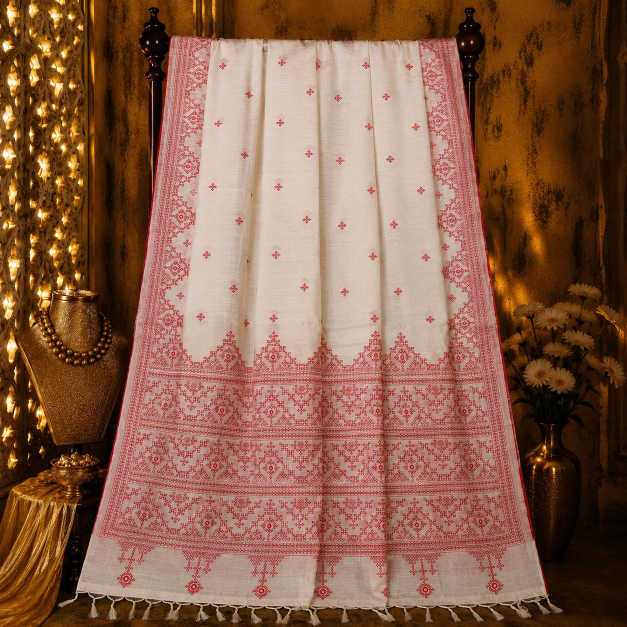 Off White Semi Tussar Embroidery Saree with Red Ethnic Woven Border and Tassel Pallu