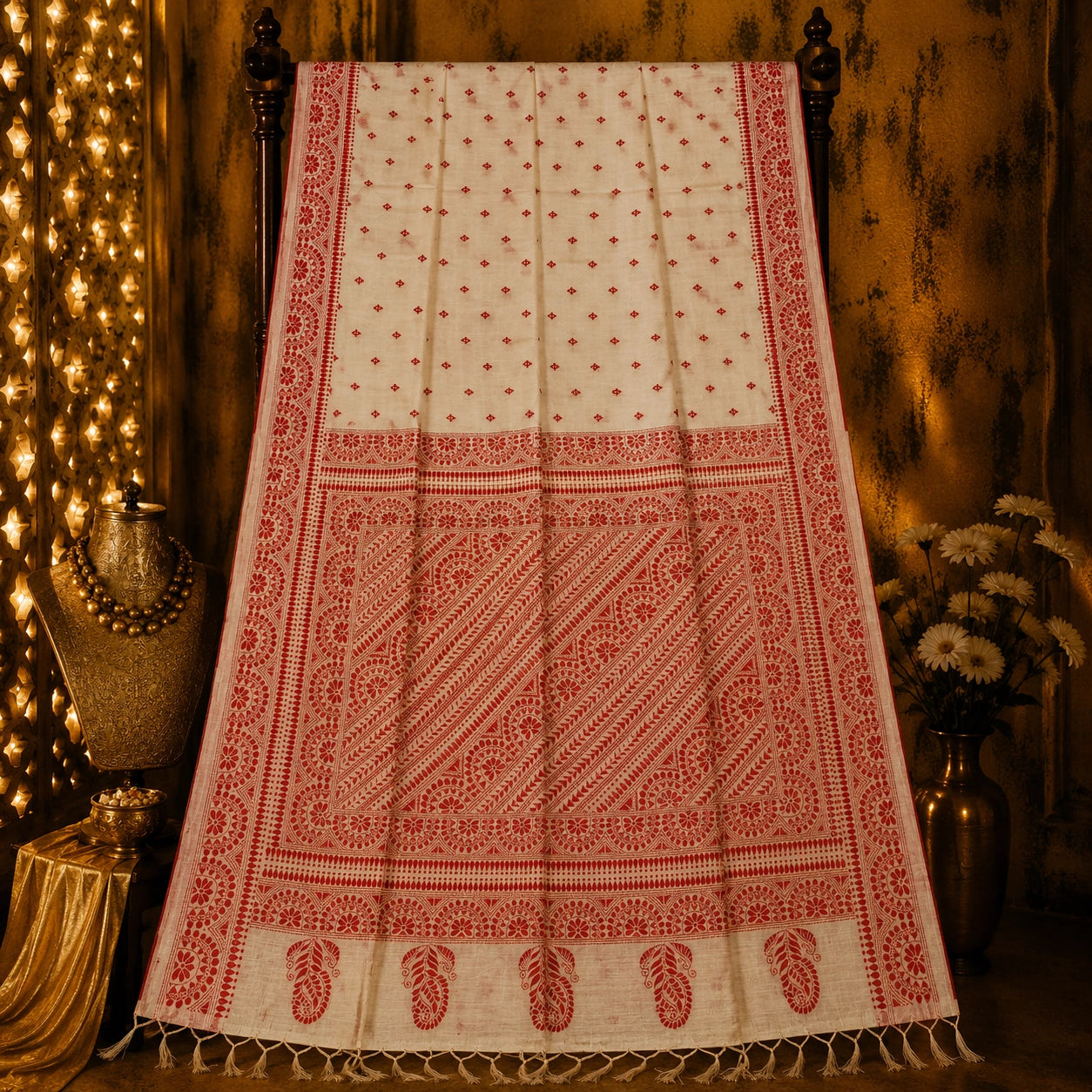 Off White Semi Tussar Saree with Red Traditional Floral Border and Paisley Pallu Design