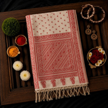 Off White Semi Tussar Saree with Red Traditional Floral Border and Paisley Pallu Design