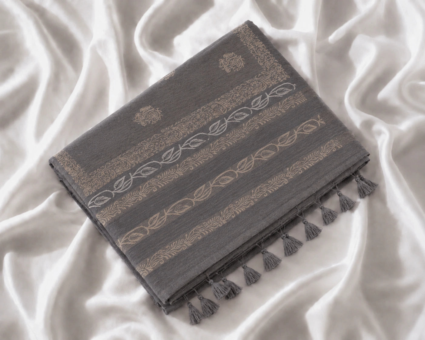 Charcoal Grey Tussar Batik Saree with Beige Floral Motifs and Artistic Border Design