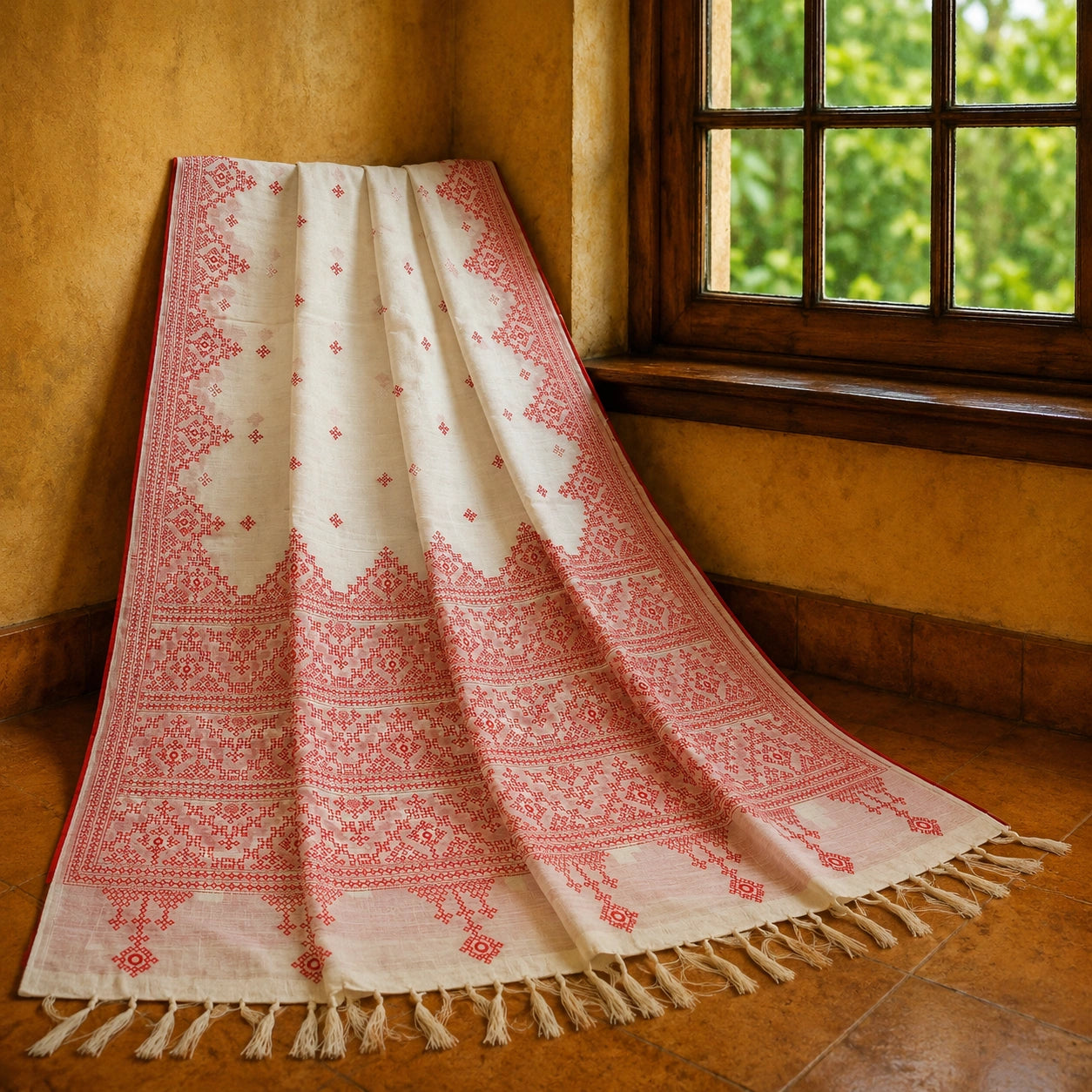 Off White Semi Tussar Embroidery Saree with Red Ethnic Woven Border and Tassel Pallu