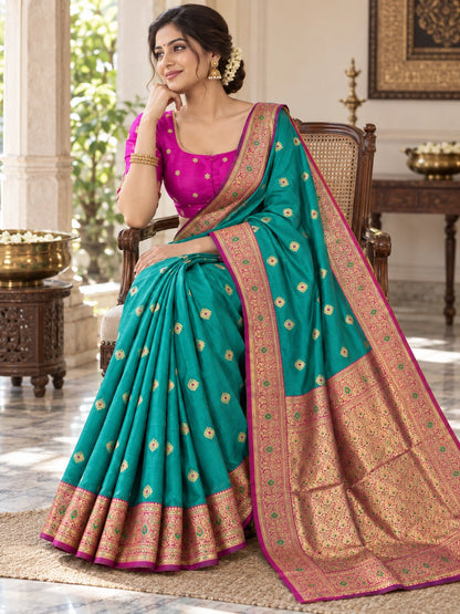 Teal Semi Katan Big Buta Kanji Saree with Magenta Gold Zari Border