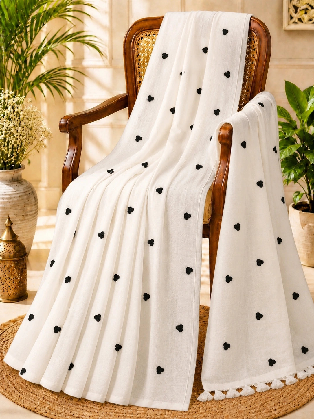White Mul Cotton Embroidery Saree with Black Heart Motifs & Lace Border