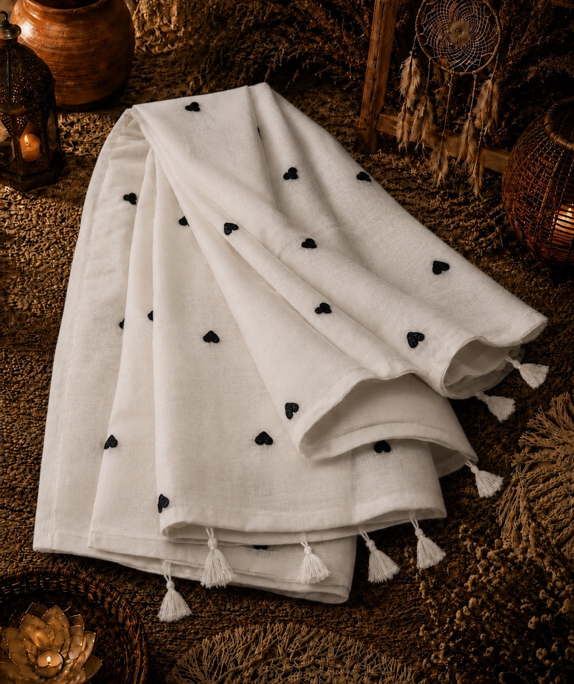 White Mul Cotton Embroidery Saree with Black Heart Motifs & Lace Border
