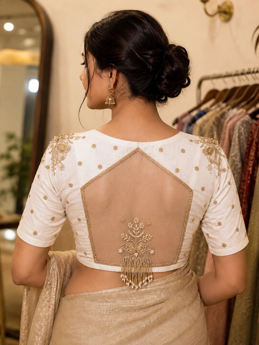 White Raw Silk Bridal Ari Work Embroidered Blouse for Wedding & Festive Wear 