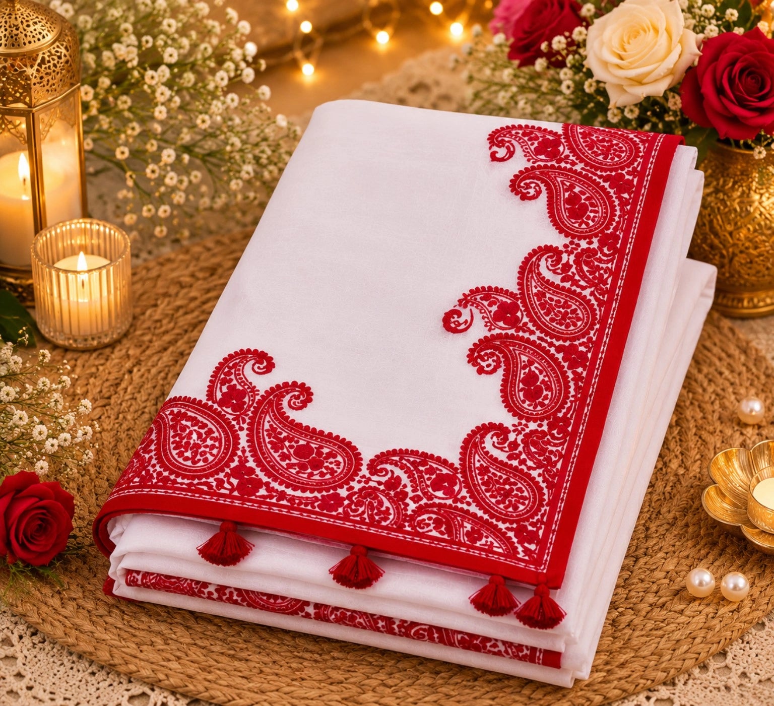 White Soft Georgette Saree with Red Paisley Embroidered Border & Tassel Pallu