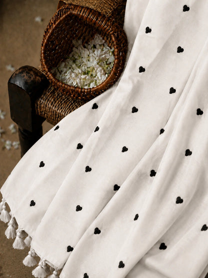 White Mul Cotton Embroidery Saree with Black Heart Motifs & Lace Border