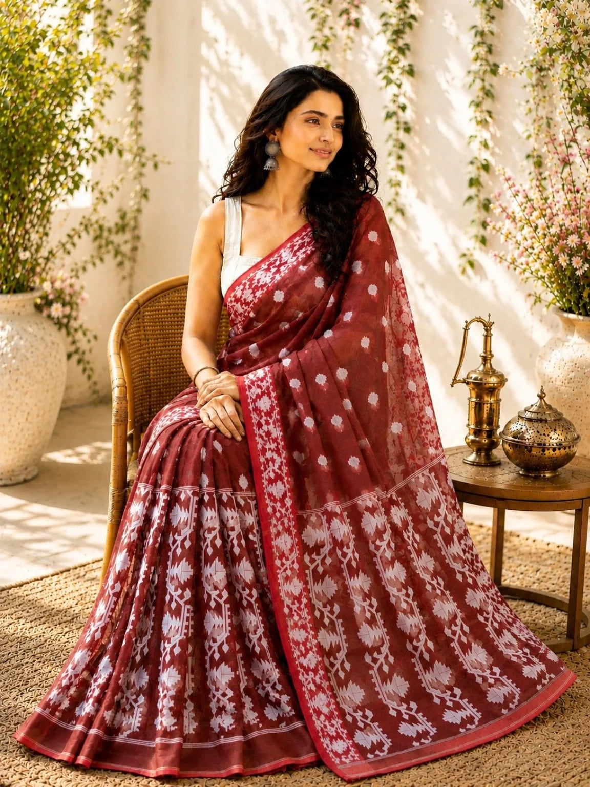 Wine maroon Muslin Jamdani Saree model image