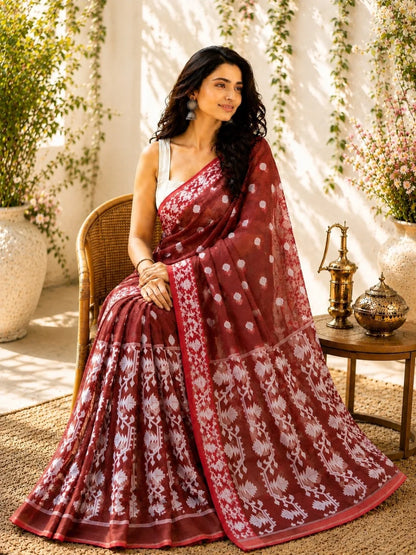 Wine maroon Muslin Jamdani Saree model image