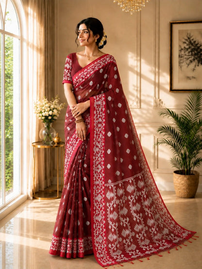 Wine maroon Muslin Jamdani Saree image 2