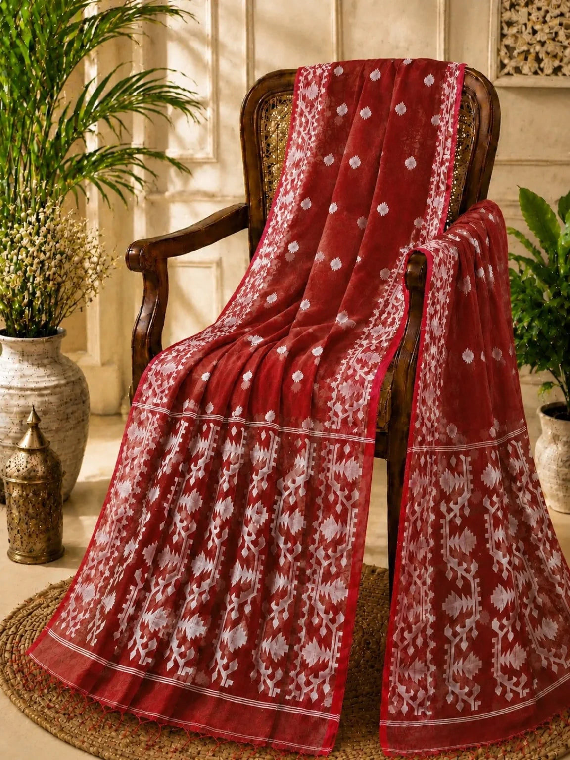 Wine maroon Muslin Jamdani Saree image 3