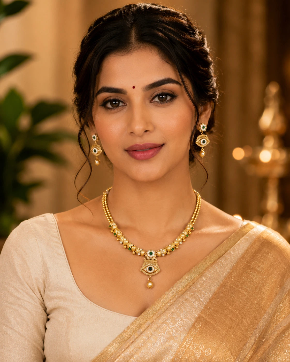 Evil Eye Inspired Antique Gold Necklace Set with Earring
