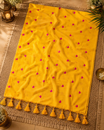 Sunshine Yellow Mul Cotton Embroidery Saree with Pink Heart Motifs & Tassel Pallu