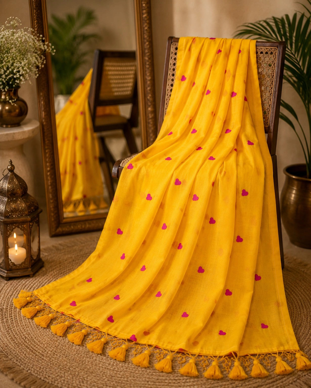 Sunshine Yellow Mul Cotton Embroidery Saree with Pink Heart Motifs & Tassel Pallu