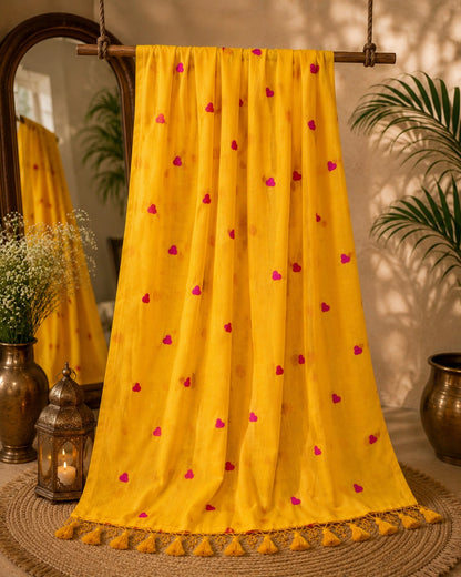 Sunshine Yellow Mul Cotton Embroidery Saree with Pink Heart Motifs & Tassel Pallu