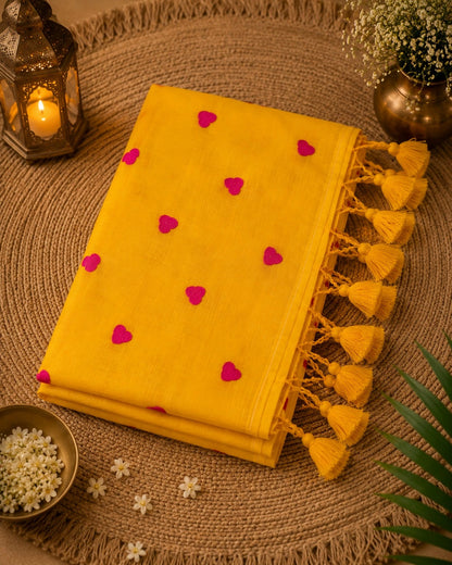 Sunshine Yellow Mul Cotton Embroidery Saree with Pink Heart Motifs & Tassel Pallu