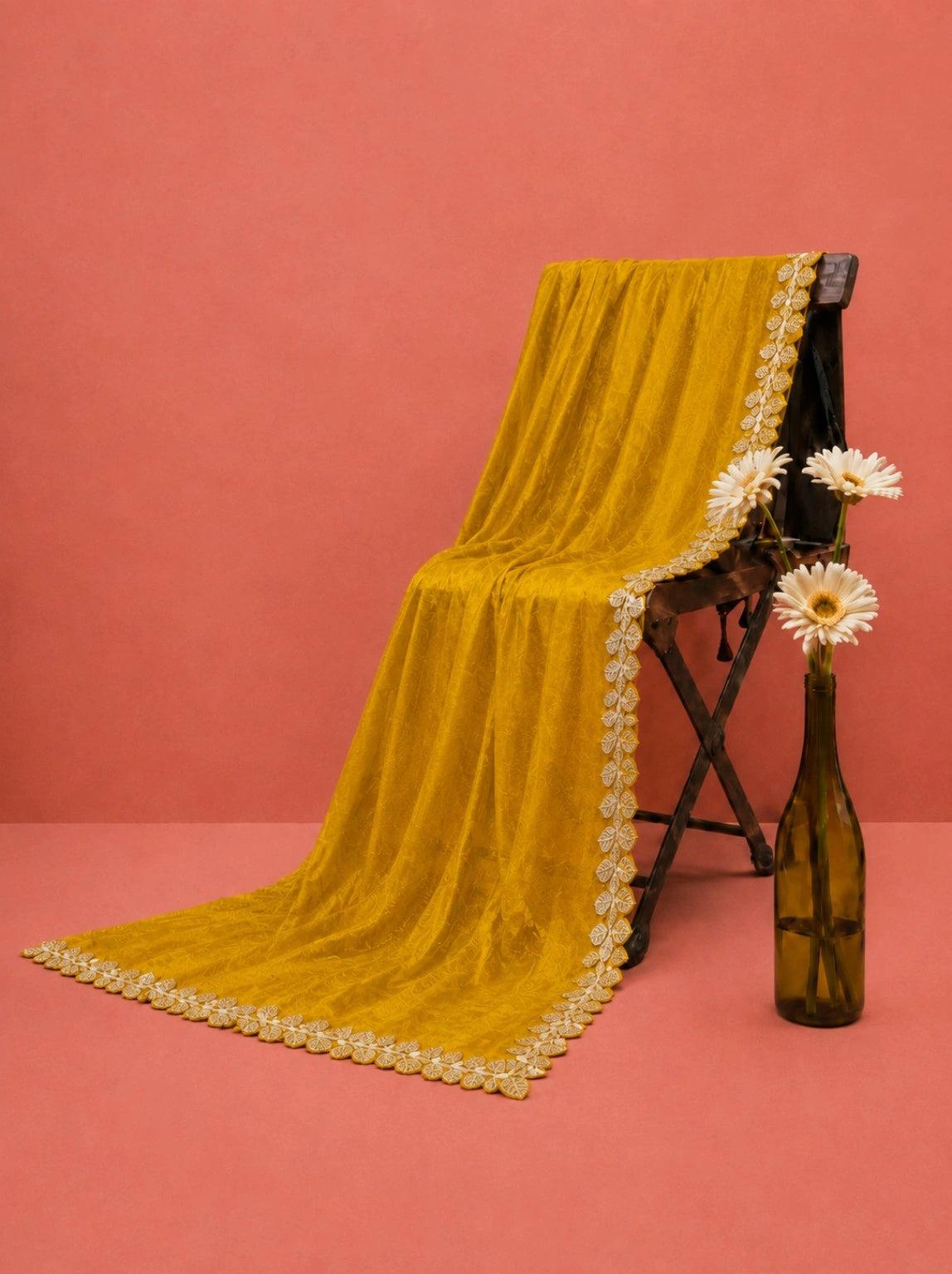 Mustard Yellow Fandy Satin Saree with Floral Lace Border Festive Party Wear Saree