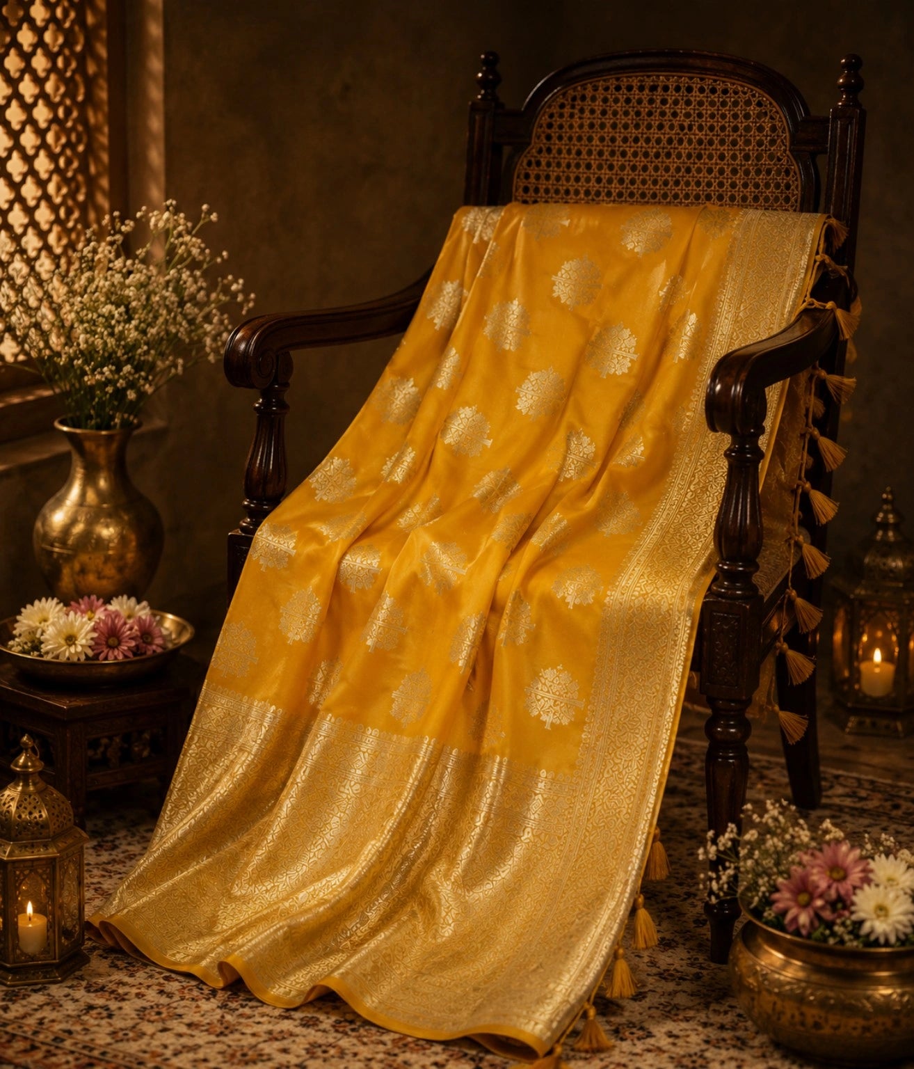 Mustard Yellow Katan Silk Banarasi Saree with Silver Tree Motifs and Rich Zari Woven Border
