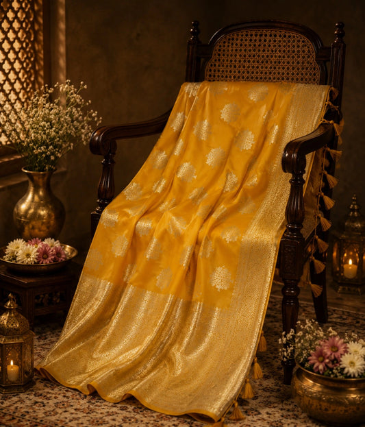 Mustard Yellow Katan Silk Banarasi Saree with Silver Tree Motifs and Rich Zari Woven Border