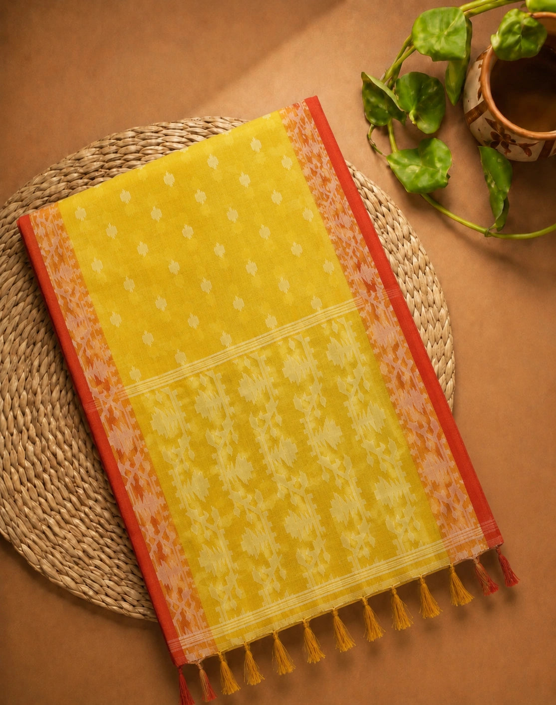 Yellow Muslin Jamdani Saree with Red Geometric Woven Border & Traditional Buti Motifs