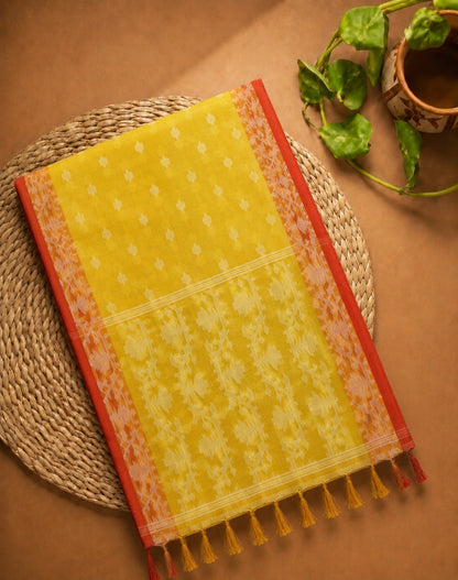 Yellow Muslin Jamdani Saree with Red Geometric Woven Border & Traditional Buti Motifs