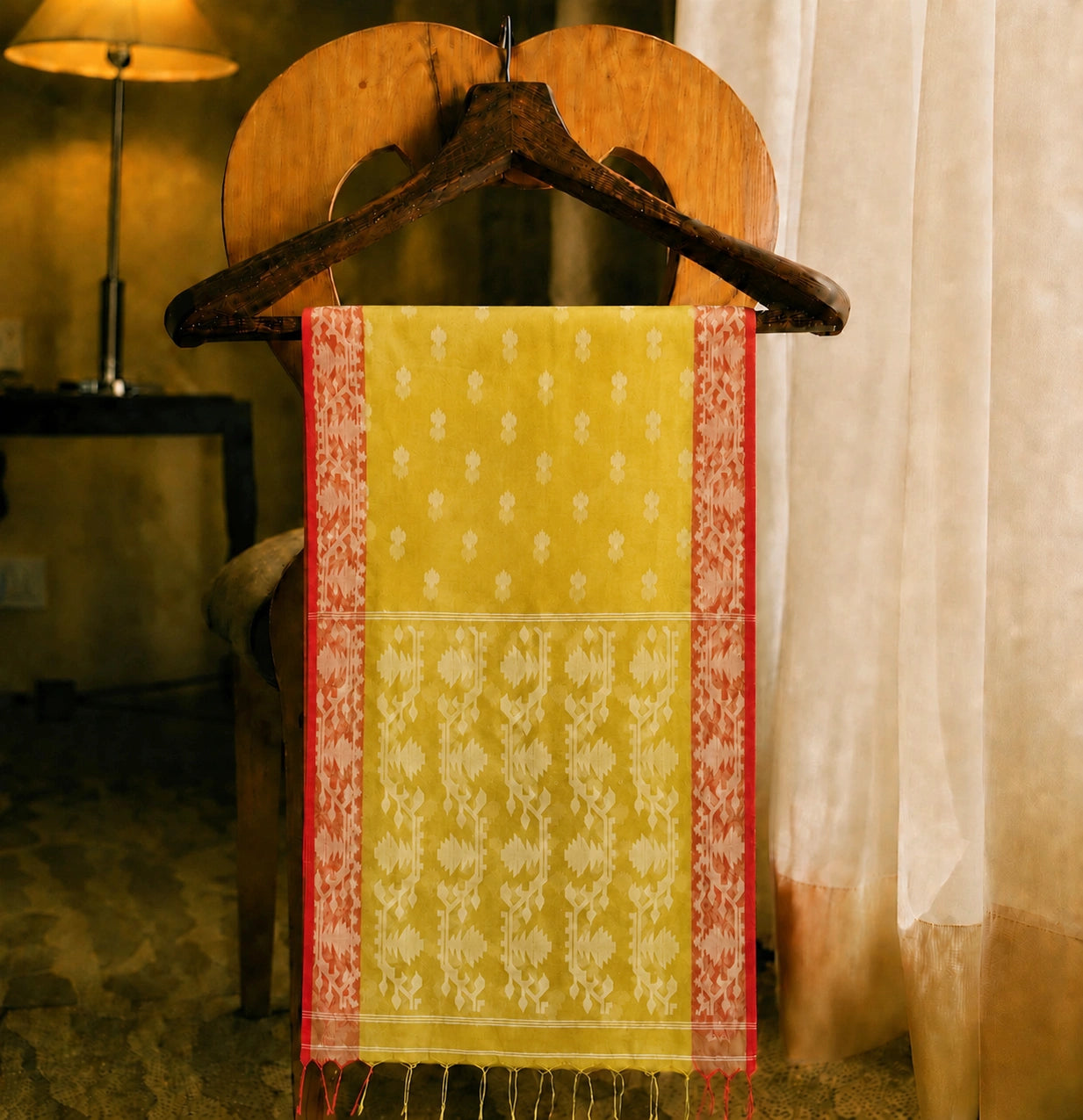 Yellow Muslin Jamdani Saree with Red Geometric Woven Border & Traditional Buti Motifs