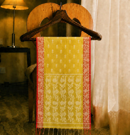 Yellow Muslin Jamdani Saree with Red Geometric Woven Border & Traditional Buti Motifs