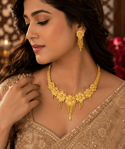 Gold Plated Floral Necklace Set with Earrings